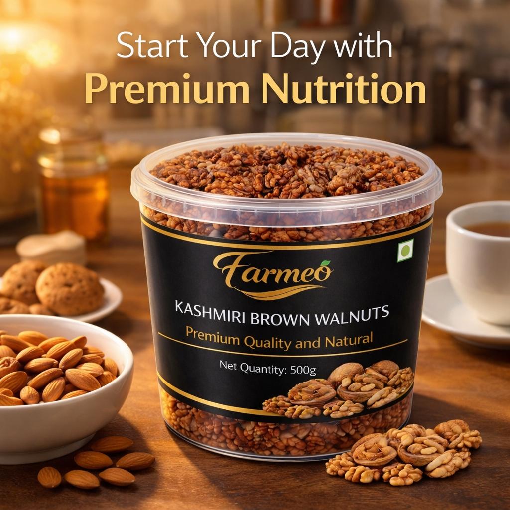 Farmeo Premium Kashmiri Walnuts Brown  500g | Extra Light Halves | High Omega-3 | Natural & Handpicked Akhrot Giri