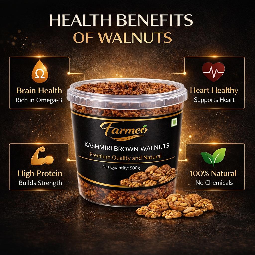 Farmeo Premium Kashmiri Walnuts Brown  500g | Extra Light Halves | High Omega-3 | Natural & Handpicked Akhrot Giri