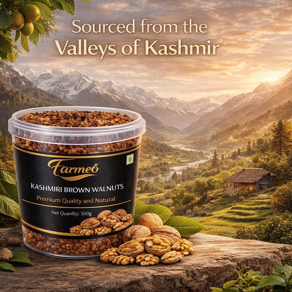 Farmeo Premium Kashmiri Walnuts Brown  500g | Extra Light Halves | High Omega-3 | Natural & Handpicked Akhrot Giri