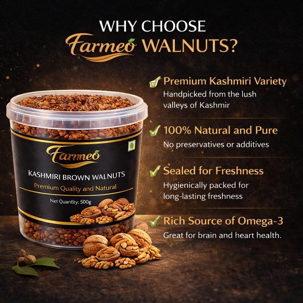 Farmeo Premium Kashmiri Walnuts Brown  500g | Extra Light Halves | High Omega-3 | Natural & Handpicked Akhrot Giri