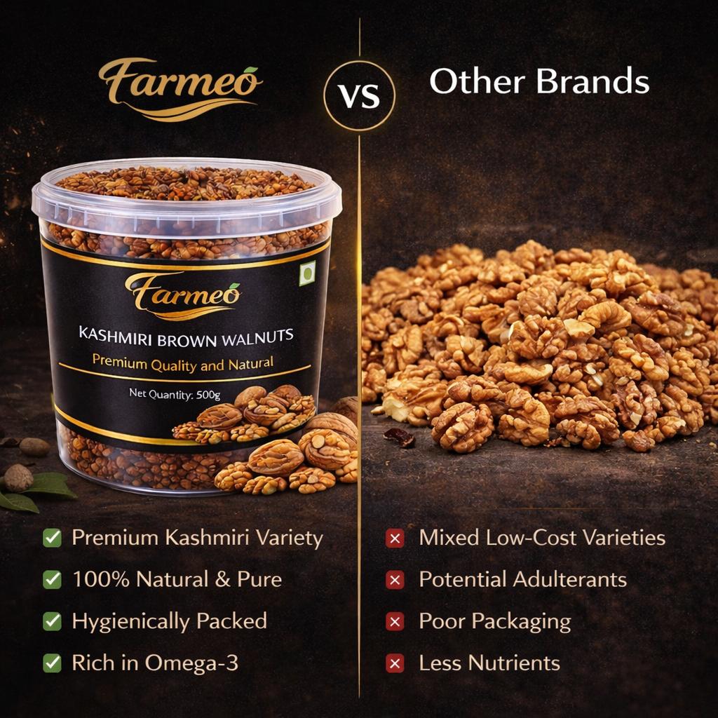 Farmeo Premium Kashmiri Walnuts Brown  500g | Extra Light Halves | High Omega-3 | Natural & Handpicked Akhrot Giri