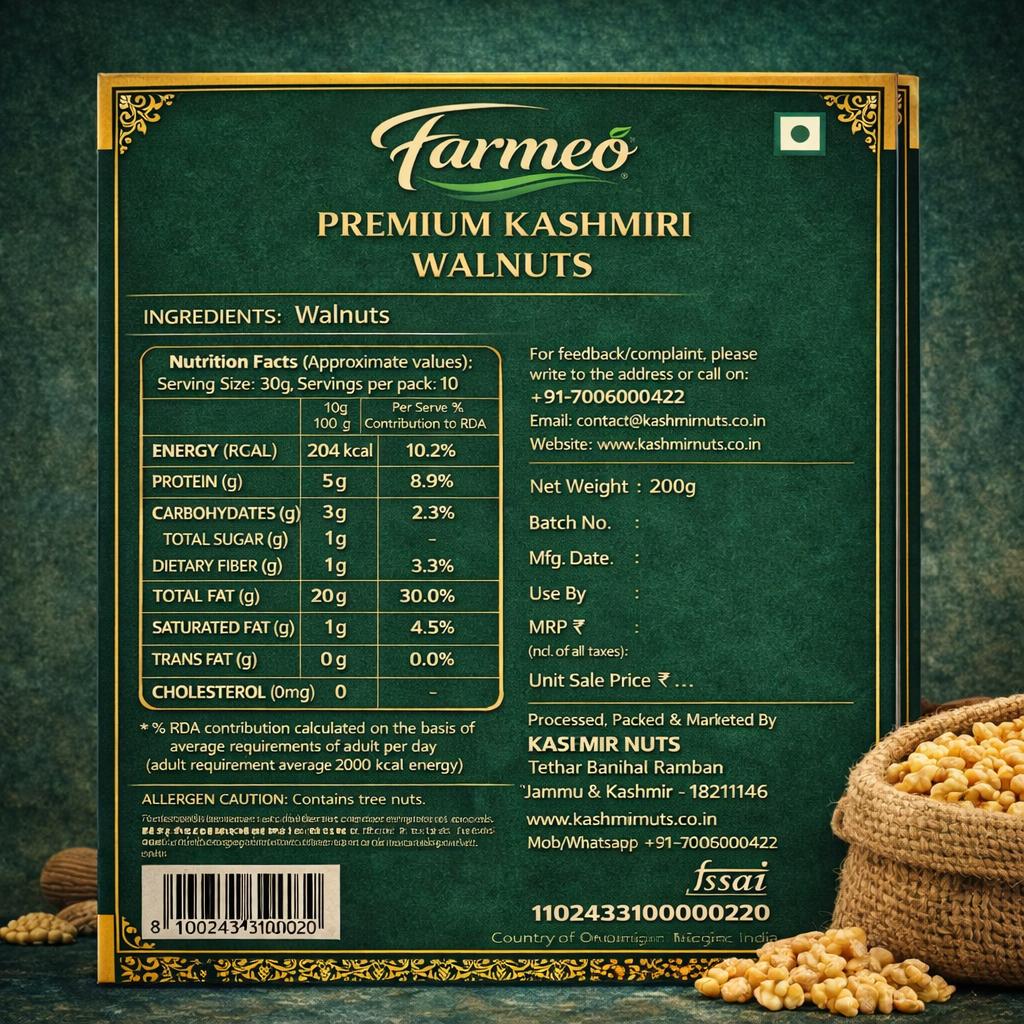 Farmeo Kashmiri Walnuts Extra Light Halves 250g Vaccum